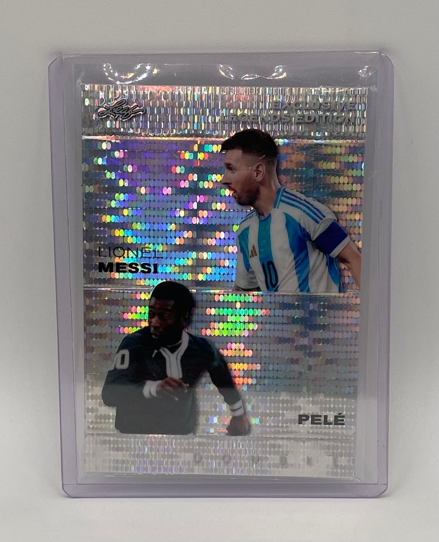 Lionel Messi & Pelé Silver Pulsar /25: The ultimate South American football royalty pairing. This beautiful 2024 Leaf Exclusive Legends Edition "Double" card features the late, great Brazilian King Pelé alongside Argentina’s