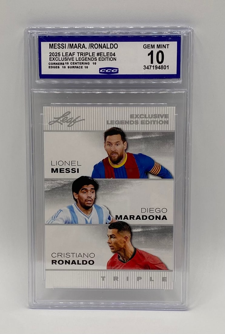 Lionel Messi, Diego Maradona & Cristiano Ronaldo CCG 10: Manufacturer: Leaf Trading Cards Year: 2025 Card Series: Triple - Exclusive Legends Edition Card Number: #ELE04 Featured Players: Lionel Messi, Diego Maradona, Cristiano Ronaldo Grading Service: CCG (