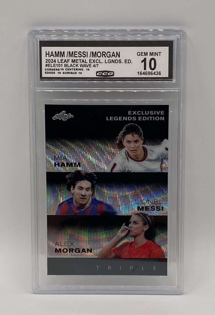 Mia Hamm, Lionel Messi & Alex Morgan Black Wave /7: Manufacturer: Leaf Trading Cards Year: 2024 Card Series: Metal - Exclusive Legends Edition Card Number: #ELE101 Parallel/Insert: Black Wave Refractor Serial Number: 4/7 (Extremely Rare Short Print) Fe
