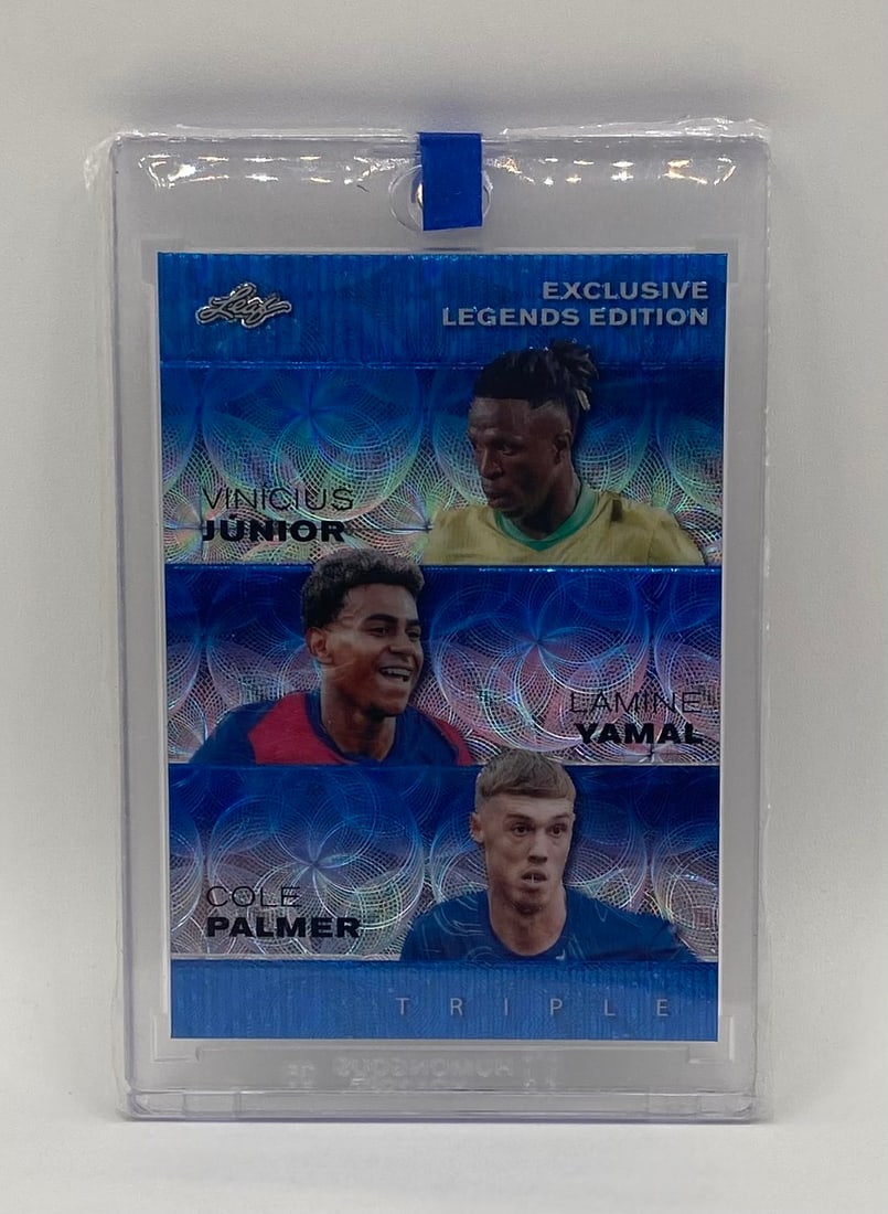 Vinícius Jr., Yamal & Palmer Blue Wave /20: Manufacturer: Leaf Trading Cards Year: 2024 Card Series: Triple - Exclusive Legends Edition Parallel/Insert: Blue Geometric/Wave Refractor Featured Players: Vinícius Júnior, Lamine Yamal, Co