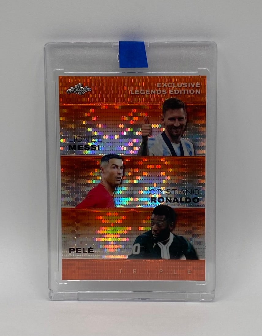 Lionel Messi, Cristiano Ronaldo & Pelé Orange Shimmer /3: Manufacturer: Leaf Trading Cards Year: 2024 Card Series: Triple - Exclusive Legends Edition Parallel/Insert: Orange Shimmer/Grid Refractor Featured Players: Lionel Messi, Cristiano Ronaldo, Pelé 