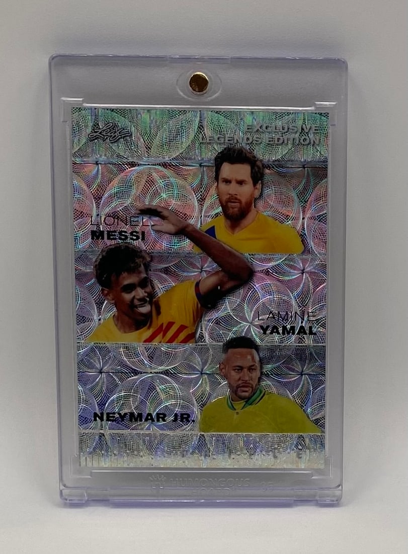 Lionel Messi, Lamine Yamal & Neymar Jr. Silver Wave /25: Manufacturer: Leaf Trading Cards Year: 2024 Card Series: Triple - Exclusive Legends Edition Parallel/Insert: Silver Circular Wave Refractor Featured Players: Lionel Messi, Lamine Yamal, Neymar Jr. Num
