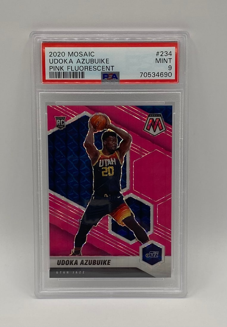 2020 Panini Mosaic Udoka Azubuike Pink Fluorescent Prizm Rookie Card /10: 2020 Panini Mosaic Udoka Azubuike Pink Fluorescent Prizm Rookie Card #234 PSA 9 Numbered /10