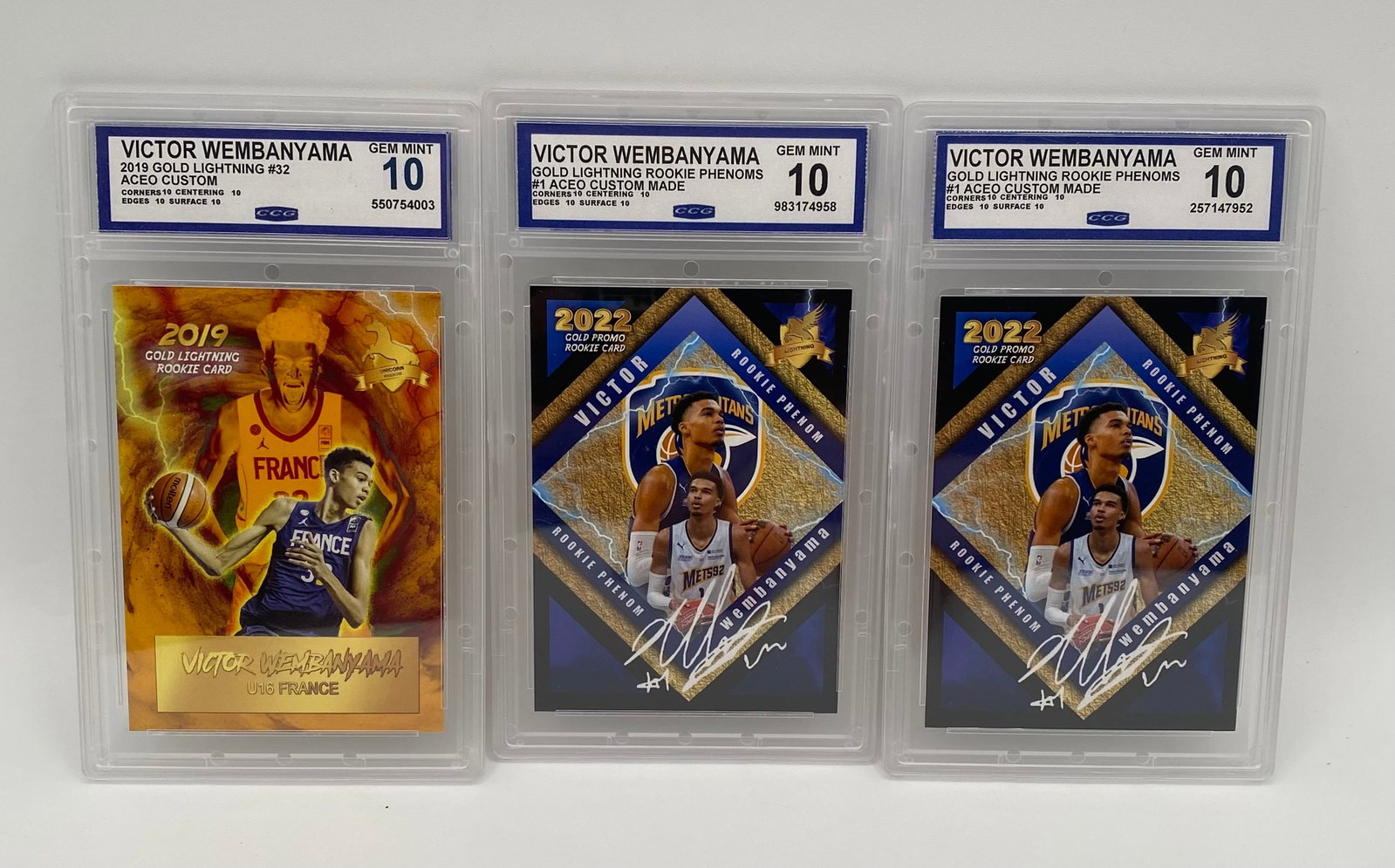 Victor Wembanyama ACEO Rookie Card Lot (3): An impressive trio of custom Art Card Editions and Originals (ACEO) featuring NBA superstar Victor Wembanyama. Each card has been professionally graded and encapsulated by CCG as Gem Mint 10 with perf