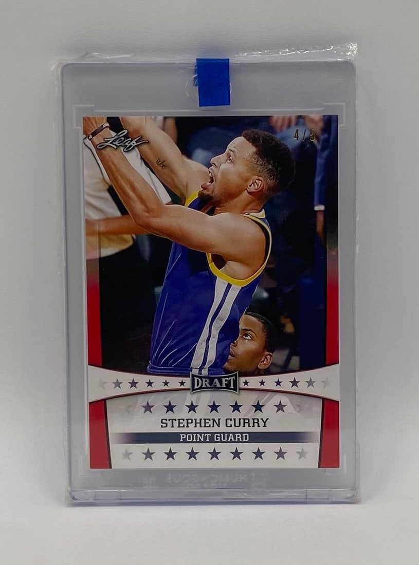 Stephen Curry Card Numbered /5: A highly collectible, low-print-run Stephen Curry card from Leaf Draft Basketball. This premium card features a striking action shot of the multi-time NBA Champion and is serial-numbered 4/5 on the up