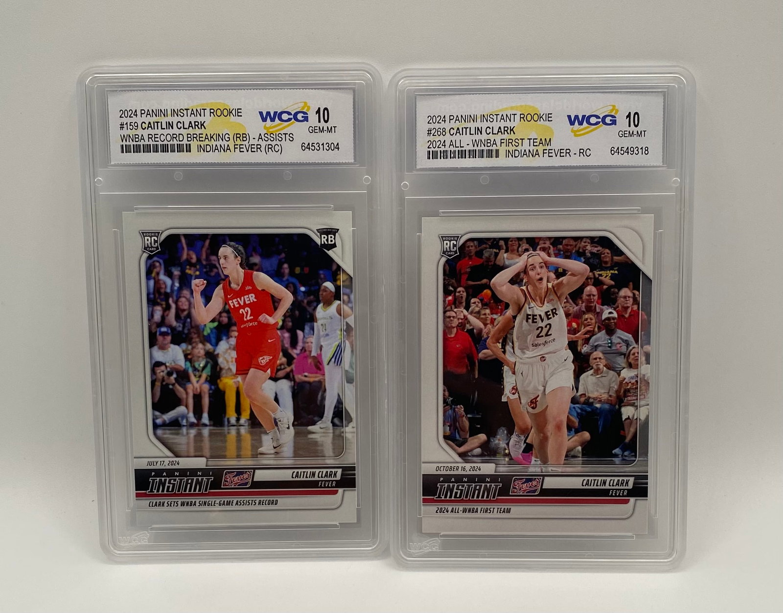 2024 Panini Instant Caitlin Clark WNBA Rookie Card Lot (2): A premier dual-card rookie lot featuring WNBA sensation Caitlin Clark of the Indiana Fever. Both cards are from the limited Panini Instant release, commemorating her historic debut season, and are