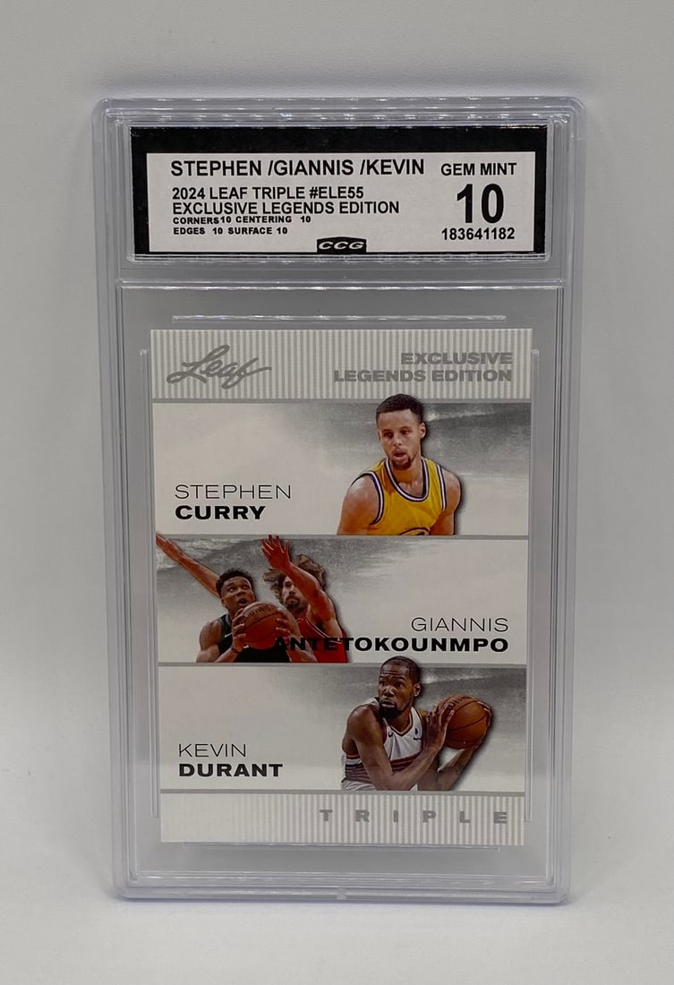 Stephen Curry, Giannis Antetokounmpo, Kevin Durant Card: A powerhouse multi-player card showcasing three of modern basketball's greatest icons: Stephen Curry, Giannis Antetokounmpo, and Kevin Durant. Part of the ultra-clean Leaf Triple "Exclusive Legends