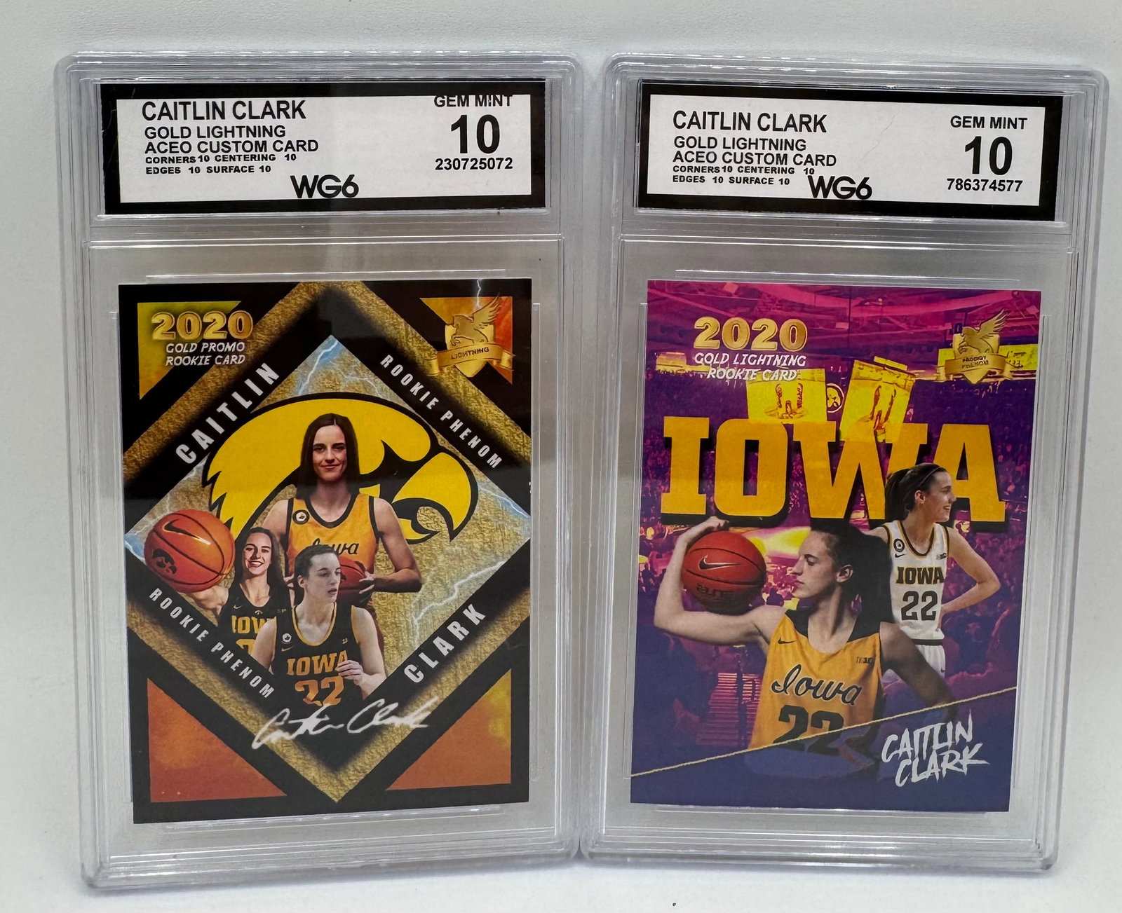 Caitlin Clark ACEO Rookie Card Lot (2): An early-career themed custom ACEO lot celebrating Caitlin Clark's legendary collegiate era with the Iowa Hawkeyes. Both custom art pieces are encapsulated in sharp black-insert slabs. Quantity: 2 gra
