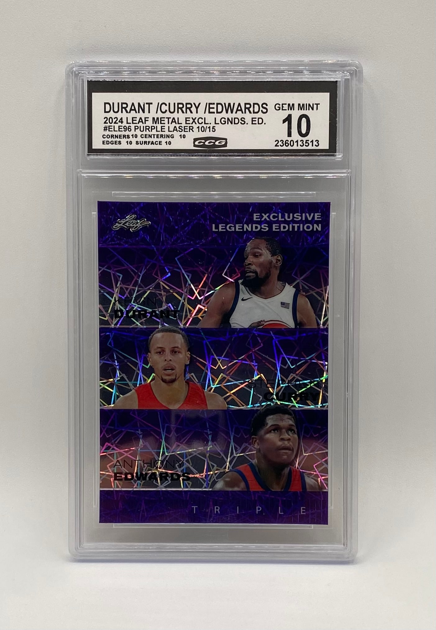 Kevin Durant, Stephen Curry, Anthony Edwards Purple Pulsar /15: An elite, low-numbered parallel card featuring a generation-spanning trio: Kevin Durant, Stephen Curry, and Anthony Edwards. This "Exclusive Legends Edition" card features a vibrant Purple Laser