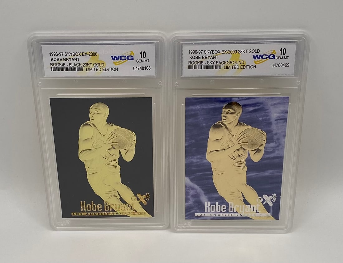 1996-97 SkyBox Ex-2000 Kobe Bryant 23KT Gold Rookie Card Lot: A stunning dual-set of Kobe Bryant 23-Karat Gold commemorative rookie cards modeled after the iconic 1996-97 SkyBox E-X2000 design. Officially licensed limited editions featuring beautiful golden