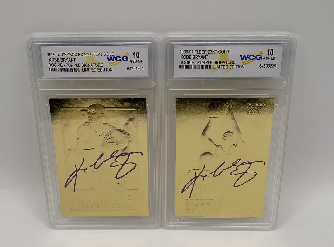 1996-97 Kobe Bryant 23KT Gold Rookie Cards – Purple Signature Limited Edition: Pair of 1996-97 Kobe Bryant 23KT Gold Rookie Cards – Purple Signature Limited Edition – Both Graded WCG GEM-MT 10