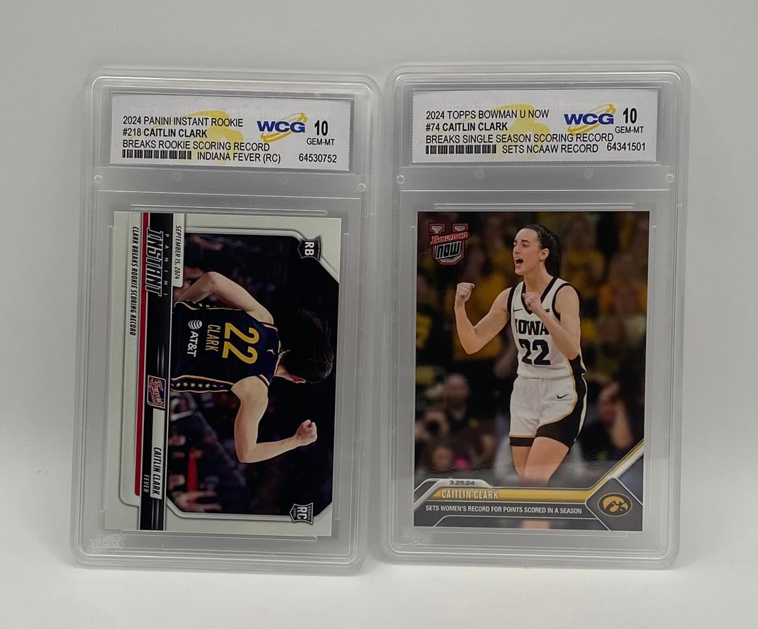Caitlin Clark Rookie Card Lot – Panini & Topps Bowman Now: Caitlin Clark Rookie Card Lot (2) – 2024 Panini Instant #218 & 2024 Topps Bowman U Now #74 – Both Graded WCG GEM-MT 10