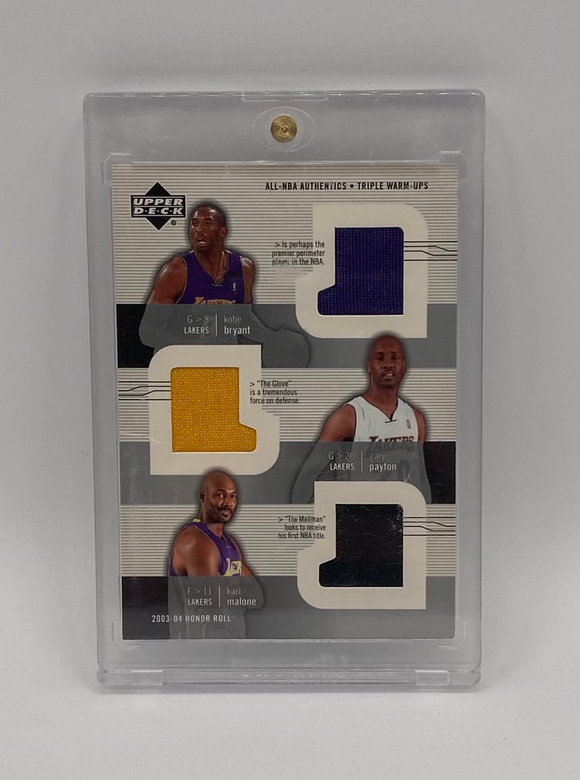 2003-04 Upper Deck Kobe Bryant, Gary Payton, Karl Malone Patch Card: Manufacturer: Upper Deck Series: Honor Roll – All-NBA Authentics Year: 2003-04 Players: Kobe Bryant, Gary Payton, Karl Malone Card Type: Multi-Player Game-Used/Event-Used Relic