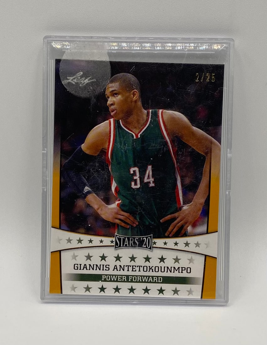 Giannis Antetokounmpo Gold Parallel Insert /25: Manufacturer: Leaf Trading Cards Series: Stars '20 Year: 2020 Player: Giannis Antetokounmpo (Milwaukee Bucks) Card Type: Serial-Numbered Short Print Parallel Serial Number: 2 / 25