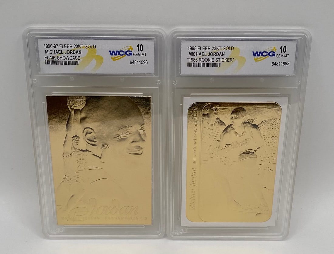Michael Jordan Flair Showcase & '86 Rookie Sticker – Pair: A stellar two-card lot pairing distinct eras of Michael Jordan commemorative 23-Karat Gold masterpieces. Card 1: 1996-97 Fleer Flair Showcase Gold edition, showing a striking split-design featuring a