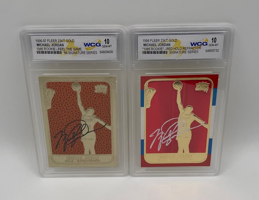 Michael Jordan Signature Series Cards: An exceptional duo of 23-Karat Gold cards honoring the most famous basketball rookie card of all time. Both cards feature the classic 1986 rookie pose accentuated by a clean, engraved Michael Jordan