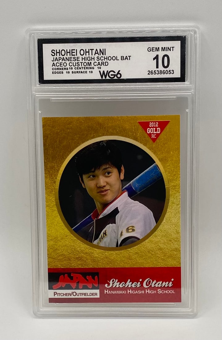 Shohei Ohtani 2012 Gold RC High School ACEO Card: A visually striking ACEO custom trading card celebrating global superstar Shohei Ohtani during his formative high school playing days at Hanamaki Higashi. Features a stunning gold foil background with