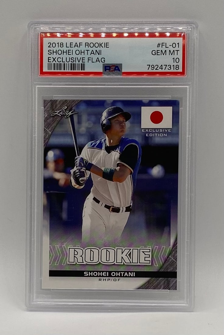 Shohei Ohtani Exclusive Flag Rookie PSA 10: A highly collectible 2018 Leaf Rookie "Exclusive Flag" #FL-01 Shohei Ohtani card. Featuring Ohtani at the plate set against a vibrant background alongside the flag of Japan, this card honors his