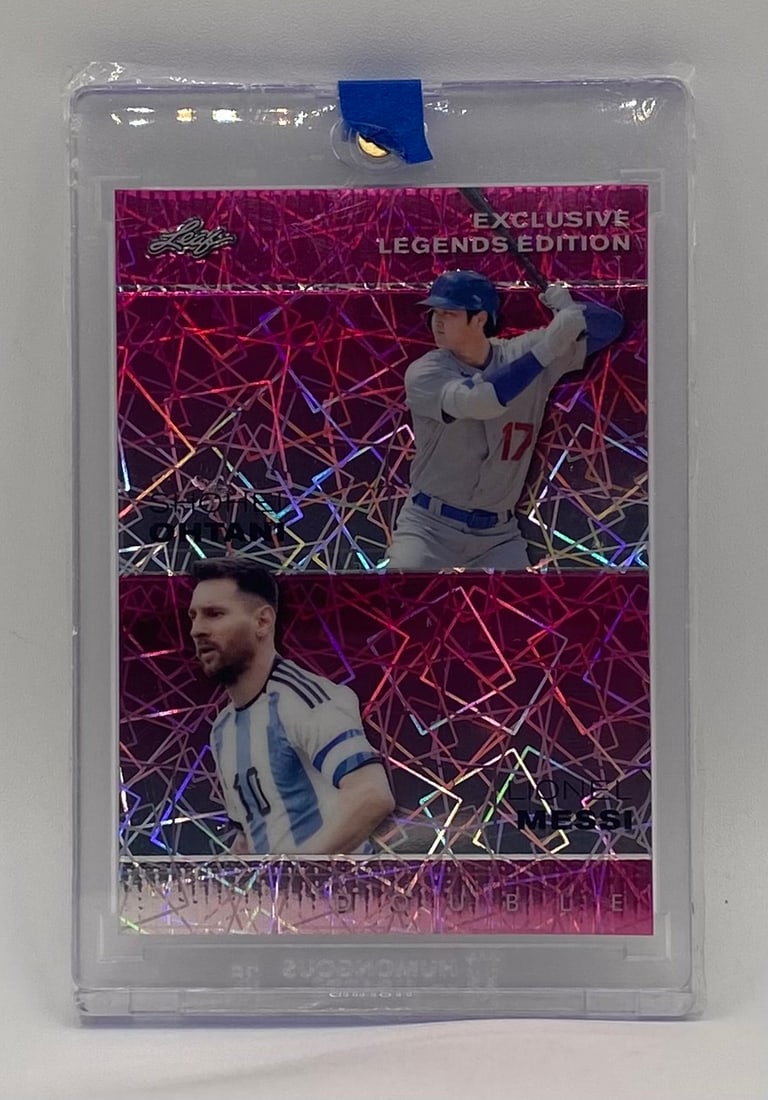 Lionel Messi Shohei Ohtani Pink Refractor /10: An absolute powerhouse of an insert card pairing two of the greatest names in sports history: baseball icon Shohei Ohtani and soccer maestro Lionel Messi. This "Double" insert from the 2023 Leaf