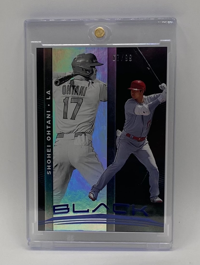 Shohei Ohtani Black /99: An elegant, modern minimalist insert card featuring a dual-perspective layout of Shohei Ohtani in both his batting and iconic number 17 jersey presentation. Produced with a premium holographic/foil