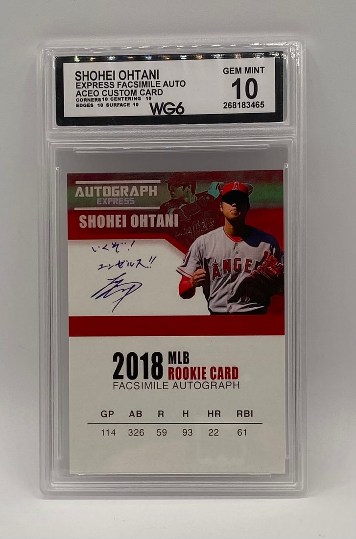 Shohei Ohtani 2018 MLB Rookie Card Autograph Express ACEO Facsimile Auto: Player: Shohei Ohtani Card Type: ACEO Custom Card (Autograph Express) Features: Facsimile signature with Japanese inscription ("???!?????!!" / "Let's go! Angels!!"). Features his 2018 rookie season hi