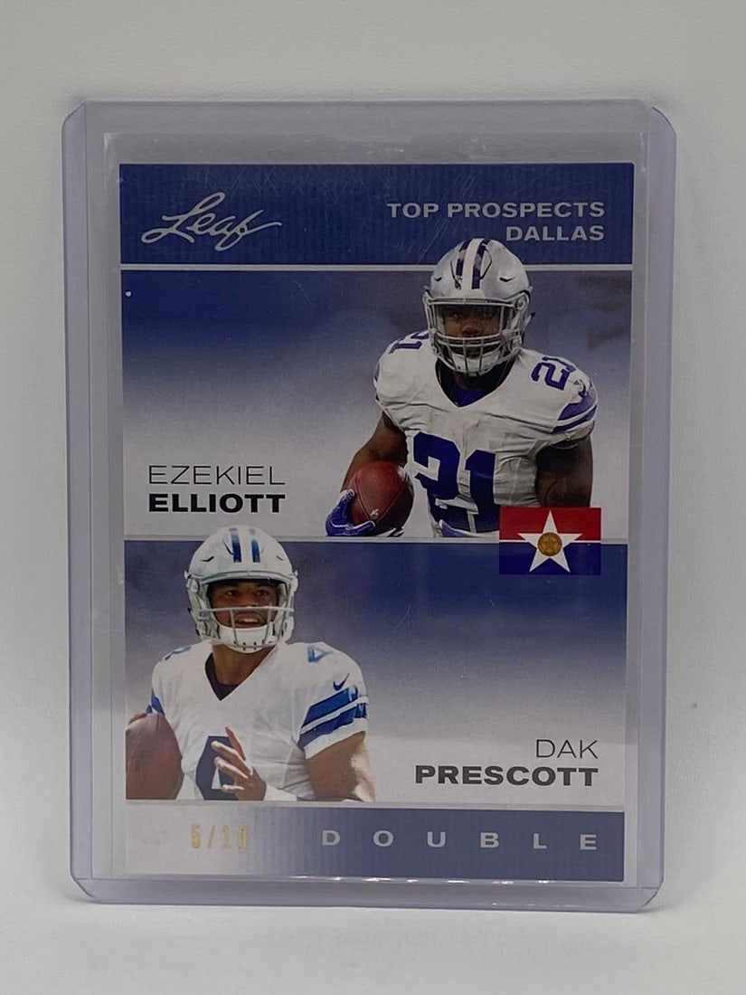 Ezekiel Elliott & Dak Prescott /10: Ezekiel Elliott & Dak Prescott 2016 Leaf "Double" Top Prospects Dallas Card — Serial Numbered 5/10