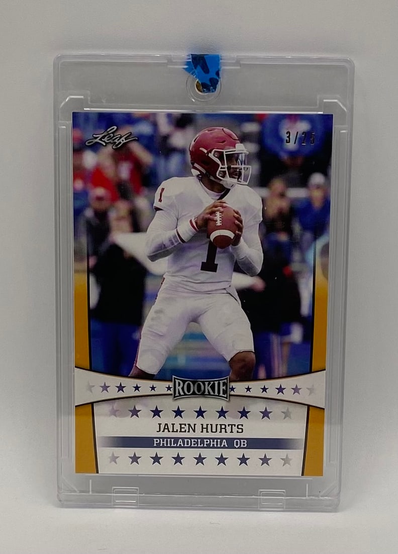 Jalen Hurts Rookie /25: Player: Jalen Hurts Year/Brand: 2020 Leaf Football Card Type: Rookie Card Limited Edition: Short print parallel, serial numbered 3/25 in the upper right corner.