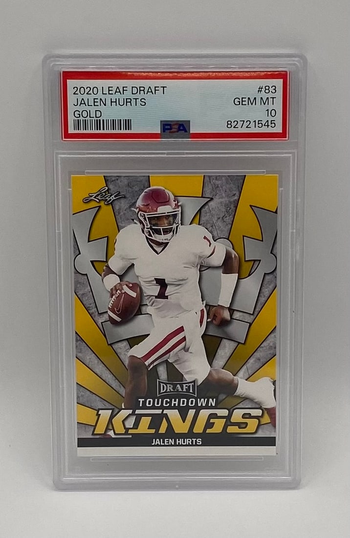 Jalen Hurts Leaf Draft "Touchdown Kings" Gold: Player: Jalen Hurts Year/Brand: 2020 Leaf Draft Football Insert Series: Touchdown Kings Gold Parallel (#83) Grading Company: PSA (Professional Sports Authenticator) Grade: Gem Mint 10