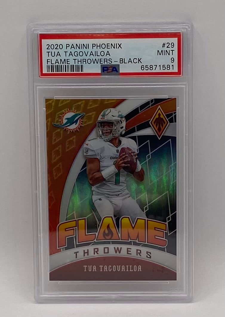 Tua Tagovailoa Panini Phoenix Flame Throwers Black /10: Tua Tagovailoa 2020 Panini Phoenix "Flame Throwers" Black Parallel Rookie Card #29 — PSA Graded Mint 9