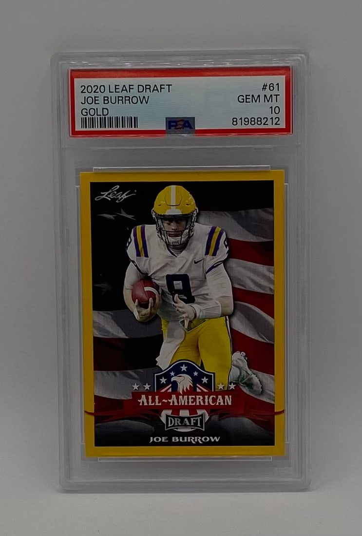 Joe Burrow Gold Rookie Card: Player: Joe Burrow Year/Set: 2020 Leaf Draft Card Number: #61 Parallel/Variant: Gold Border, All-American Draft Subset Grading Service: Professional Sports Authenticator (PSA) Grade: 10 Gem Mint (Cert