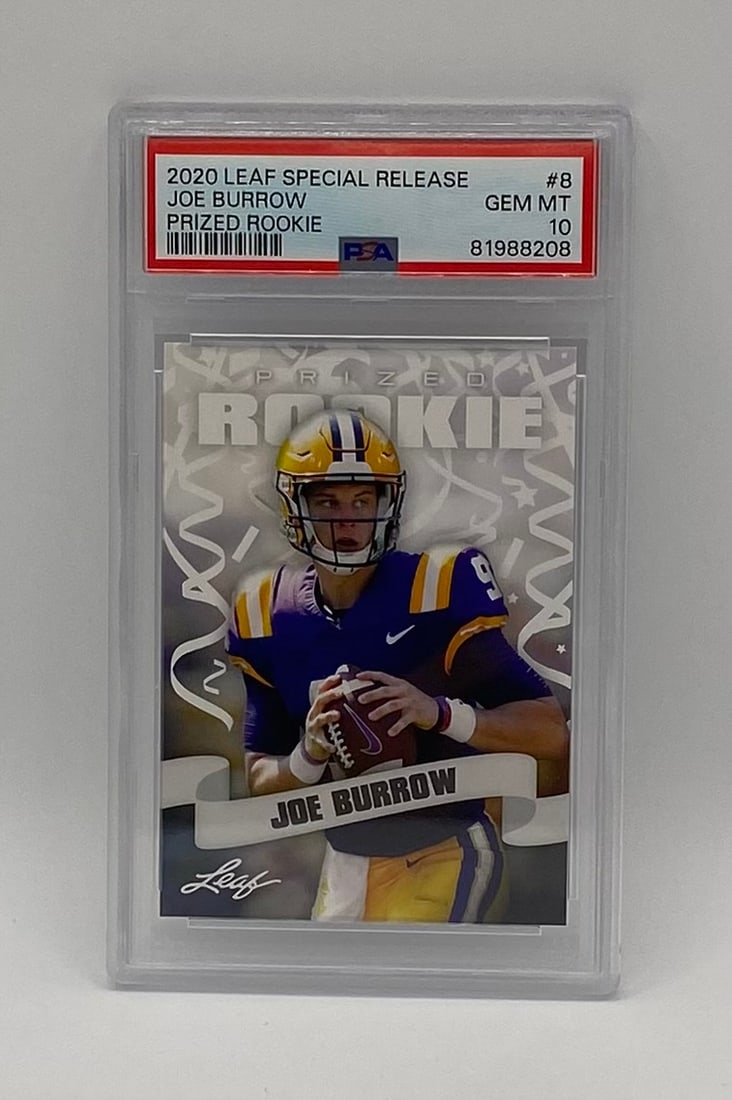 2020 Leaf Special Release Joe Burrow Prized Rookie: Player: Joe Burrow Year/Set: 2020 Leaf Special Release Card Number: #8 Parallel/Variant: Prized Rookie Insert Grading Service: Professional Sports Authenticator (PSA) Grade: 10 Gem Mint (Cert