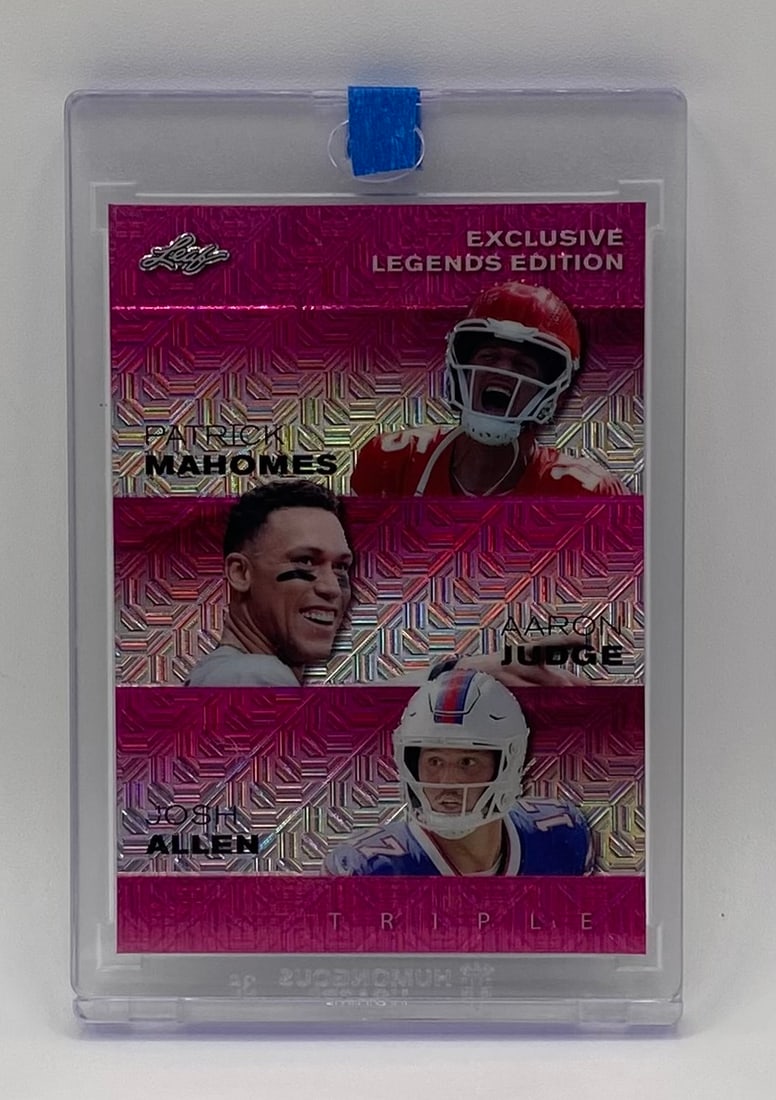 Patrick Mahomes, Aaron Judge & Josh Allen /7: Leaf Exclusive Legends Edition Pink Geometric Triple Insert: Mahomes, Judge, Allen Numbered /7