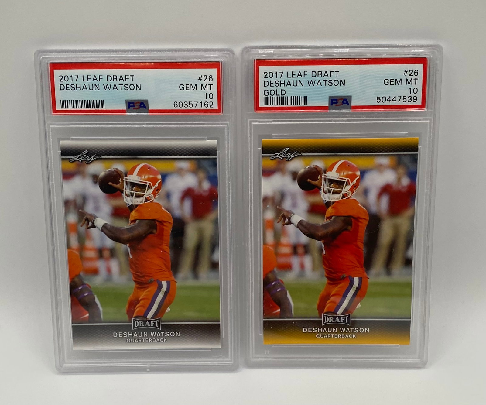 (2) 2017 Leaf Draft Deshaun Watson Rookie Cards – Both PSA 10 GEM MT (Base & Gold): Deshaun Watson 2017 Leaf Draft Rookie Lot (2) – Base & Gold Parallel – Both PSA 10