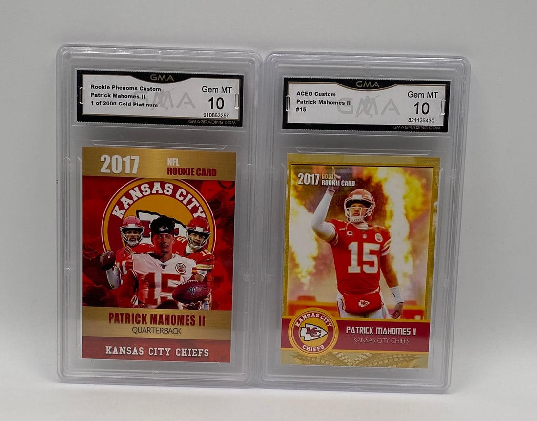 Patrick Mahomes Rookie Card Lot (2) – GMA 10: Player: Patrick Mahomes II Style/Set: 2017 Custom Art Cards (1x Rookie Phenoms "1 of 2000 Gold Platinum", 1x ACEO Custom Gold #15) Grading Service: GMA Grading Grade: Both cards are graded Gem Mint