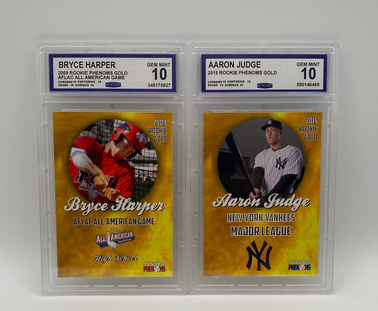 (2) Bryce Harper & Aaron Judge Graded Cards - CCG Gem Mint 10 - Rookie Phenoms Gold: An outstanding baseball duo featuring two of the game’s most powerful hitters. Both cards have been graded Gem Mint 10 by CCG (with pristine 10 subgrades across corners, centering, edges, and