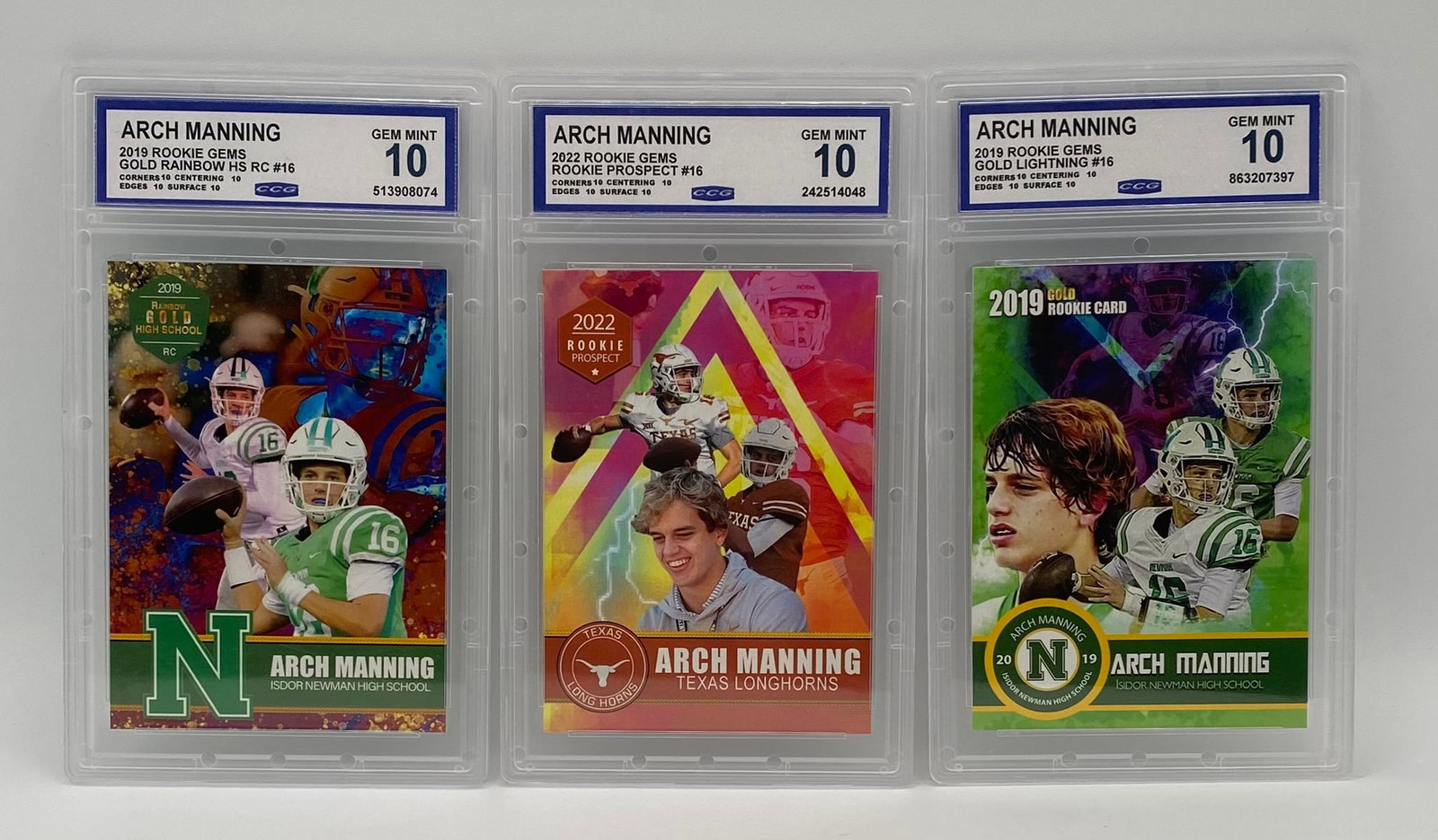 (3) Arch Manning Graded Rookie/Prospect Cards - CCG Gem Mint 10: An elite trio tracking the early career of football legacy quarterback Arch Manning. All three cards are graded a flawless Gem Mint 10 by CCG, complete with perfect 10 subgrades. 2019 Rookie Gems:
