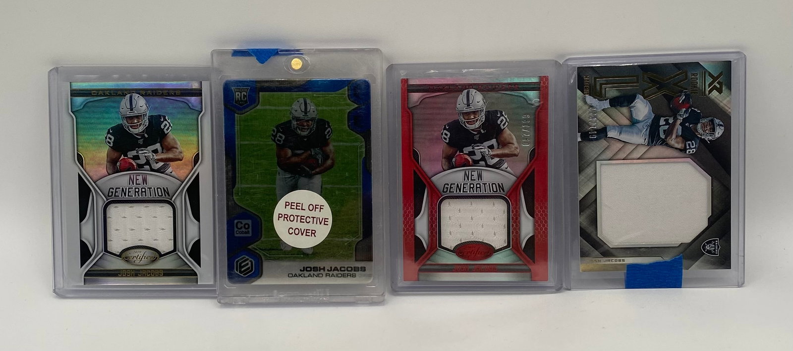 (4) Josh Jacobs Rookie & Jersey Patch Cards - Raiders - Elements, Certified, XR: A powerhouse lot of 4 premium cards focusing on star running back Josh Jacobs from his tenure with the Oakland Raiders. Perfect for team collectors and investors. Includes: Panini Certified "New Gener