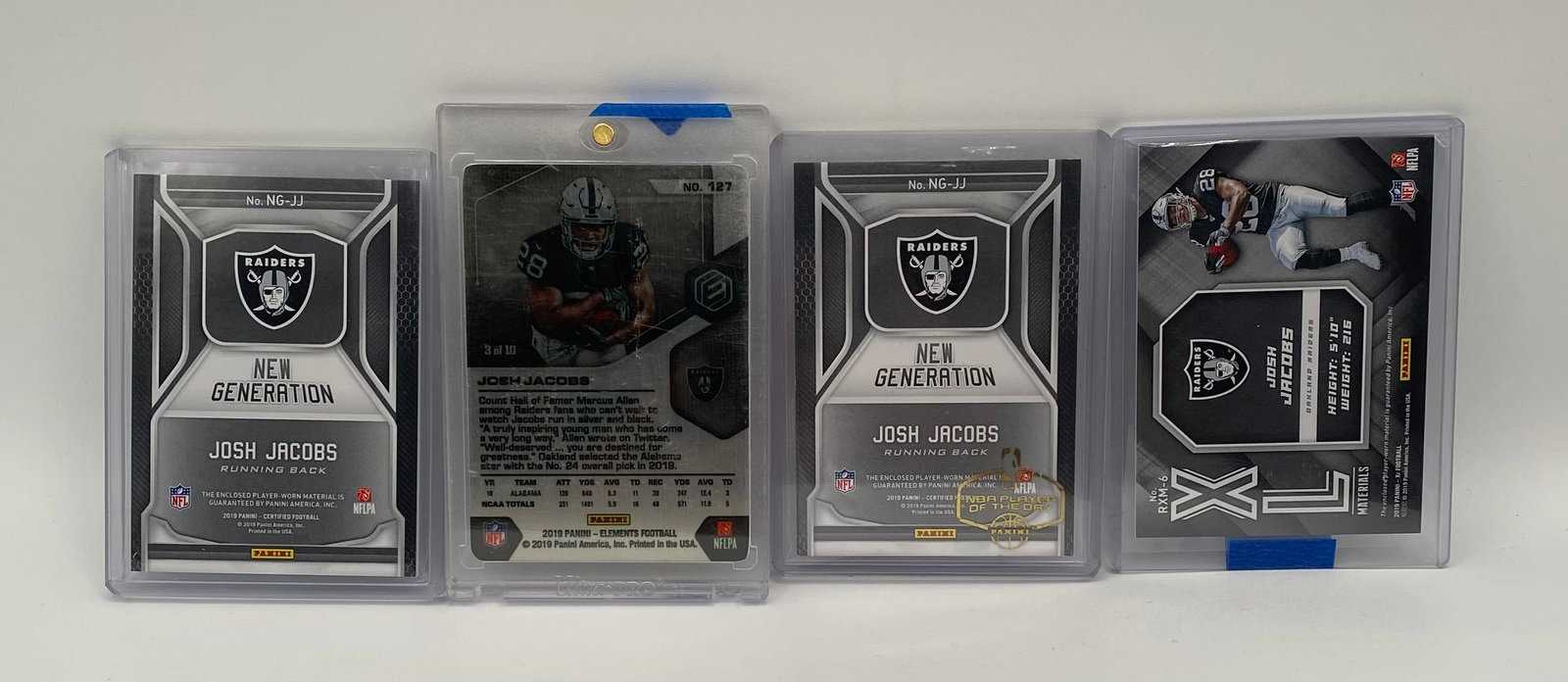 (4) Josh Jacobs Rookie & Jersey Patch Cards - Raiders - Elements, Certified, XR - 2