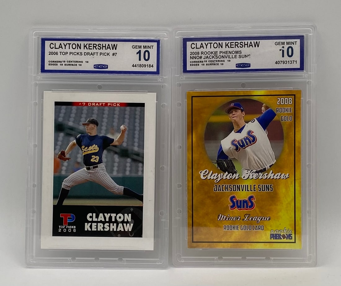 (2) Clayton Kershaw Graded Cards - CCG Gem Mint 10 - 2006 Draft Pick & 2008 Rookie: An exceptional pairing celebrating future Hall of Fame pitcher Clayton Kershaw. Both cards are graded a pristine Gem Mint 10 by CCG, boasting flawless 10 subgrades for corners, centering, edges, and