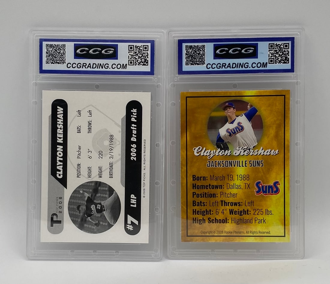 (2) Clayton Kershaw Graded Cards - CCG Gem Mint 10 - 2006 Draft Pick & 2008 Rookie - 2
