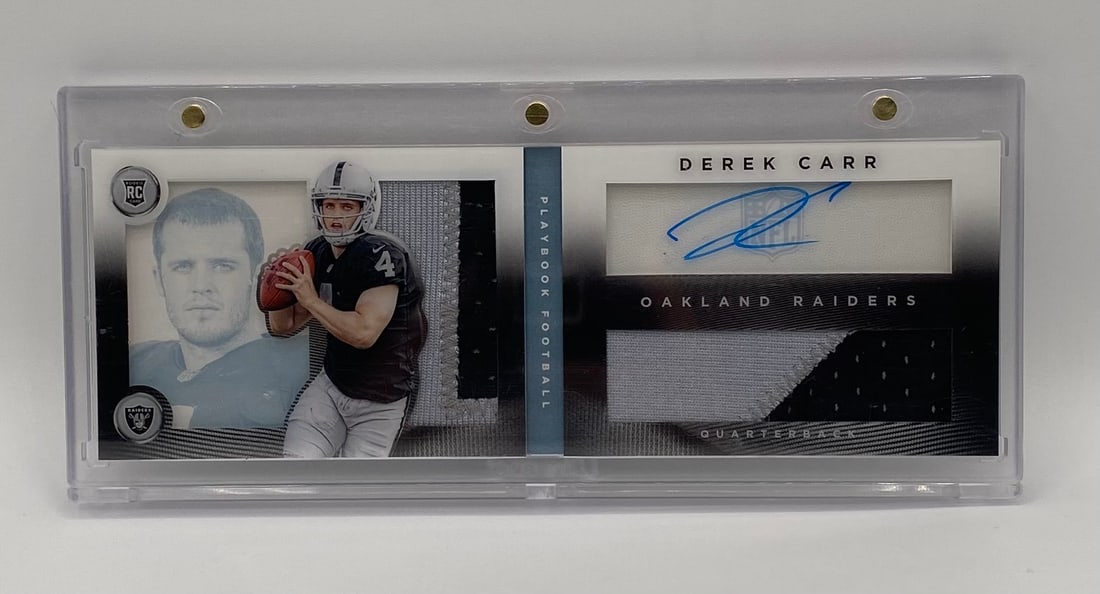 Derek Carr Rookie Playbook Football Booklet Patch Auto: 2014 Panini Playbook Derek Carr Rookie Booklet Autograph & Dual Prime Patch