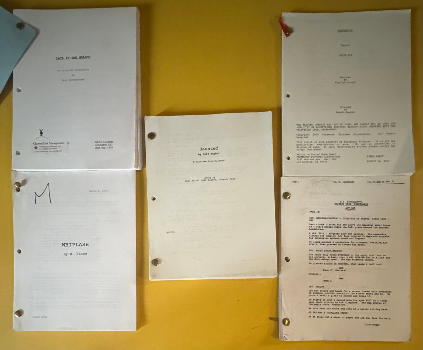 Lot of 5 Vintage Hollywood & TV Screenplays / Scripts (2002–2003) - Inc. Whiplash, Haunted: An intriguing collection of five (5) original Hollywood screenplay drafts and television scripts dating from 2002 to 2003. This lot includes a mix of feature film screenplays, television production