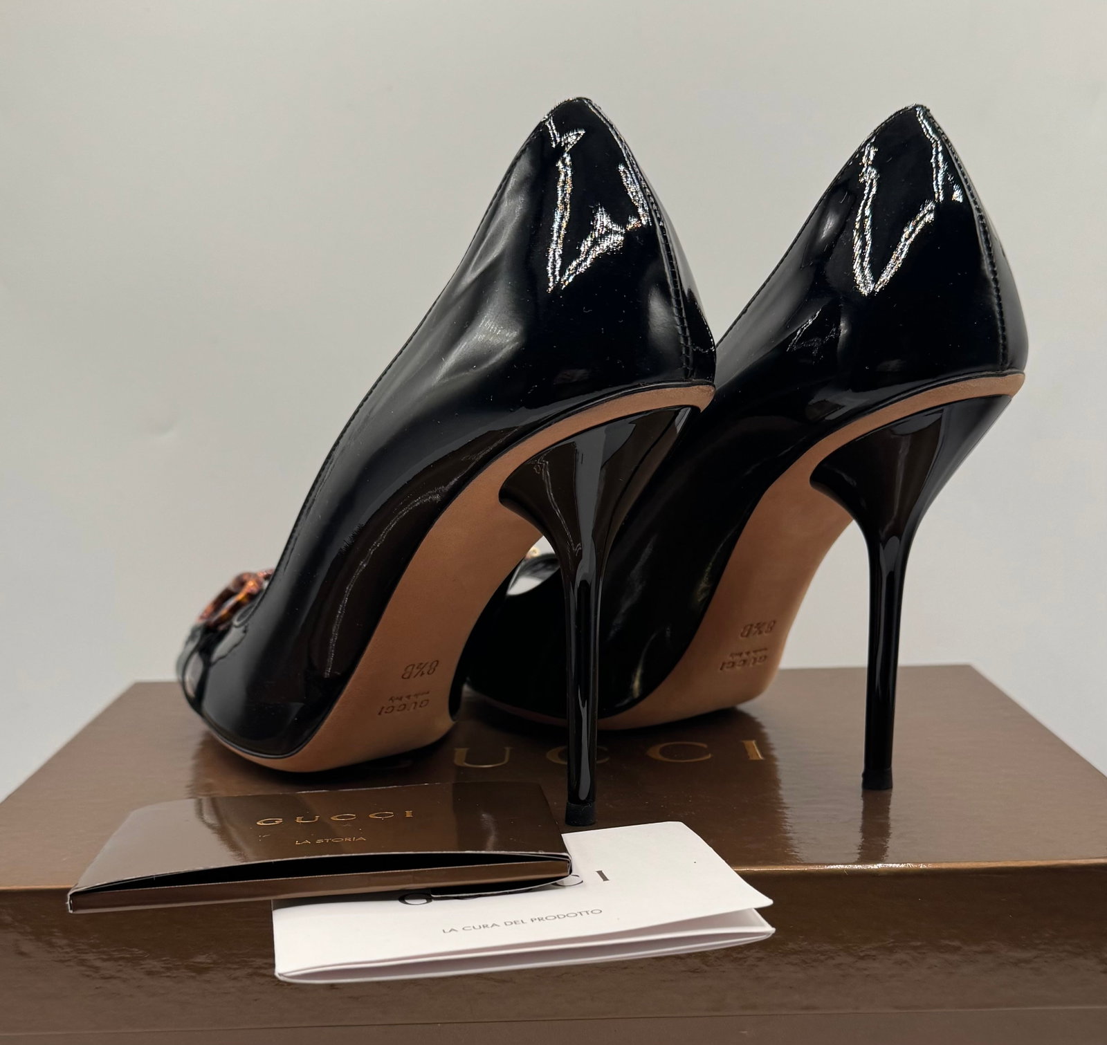 GUCCI Black Patent Leather Peep-Toe Horsebit Pumps - 3