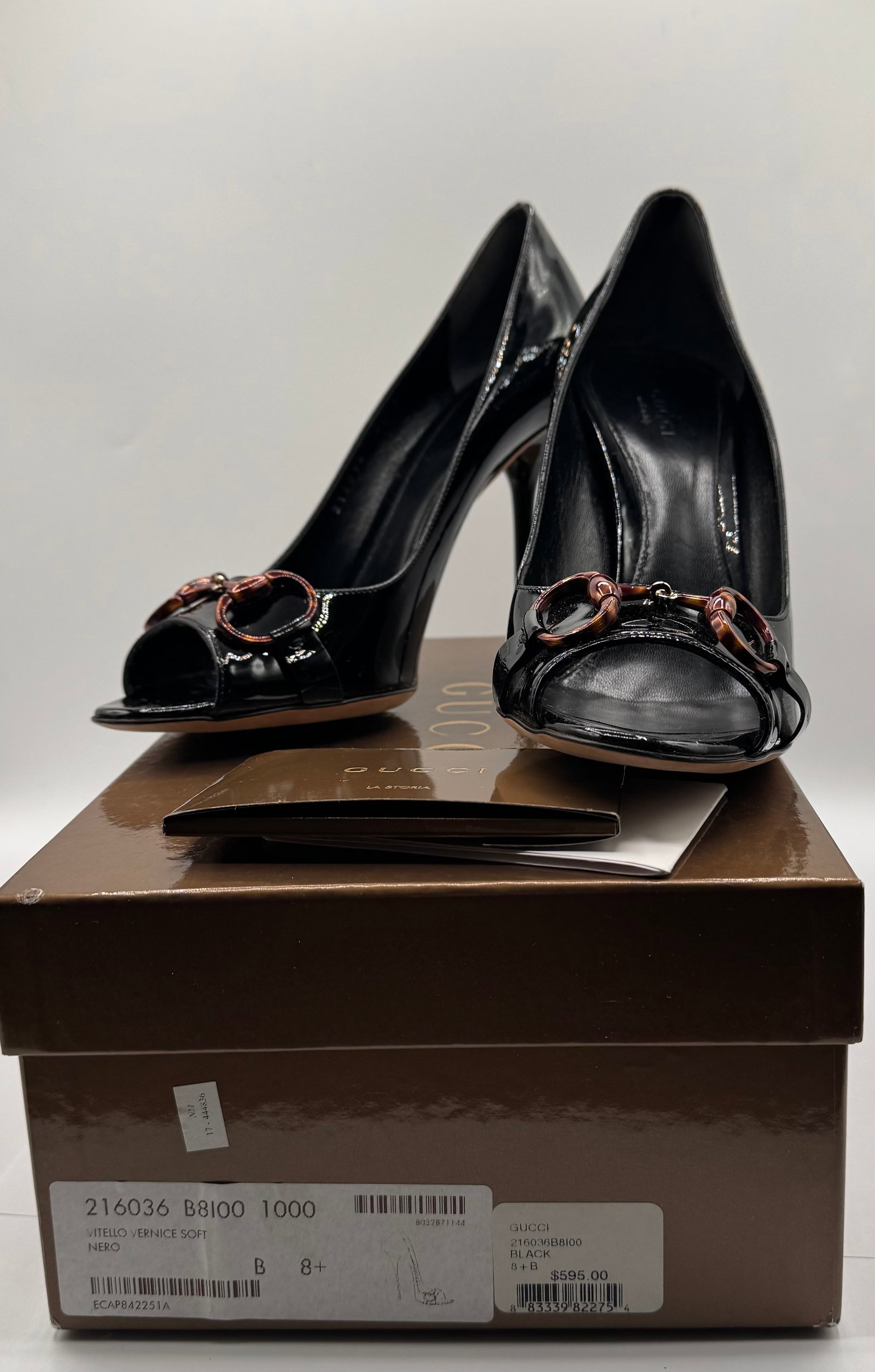 GUCCI Black Patent Leather Peep-Toe Horsebit Pumps - 4