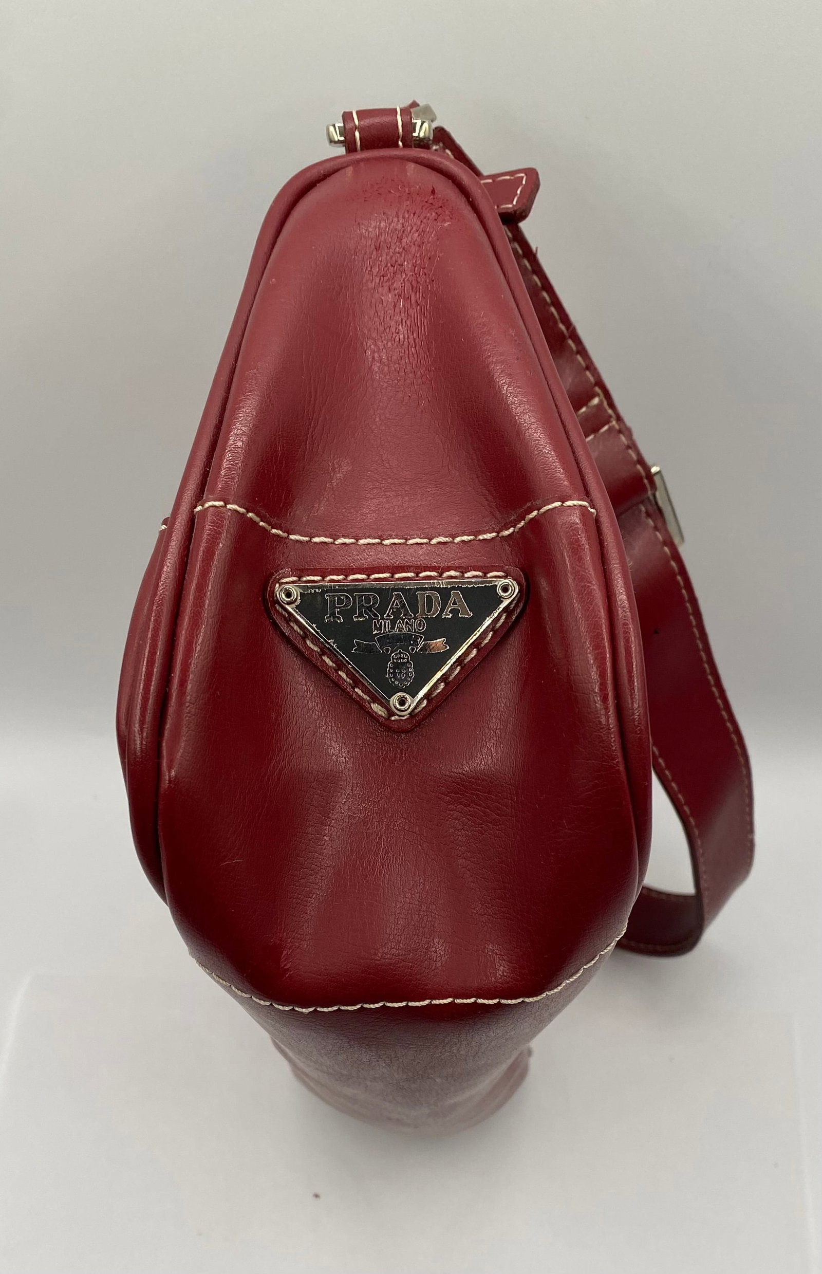 Vintage Prada Red Leather Shoulder Bag w/ Contrast Stitching - 2