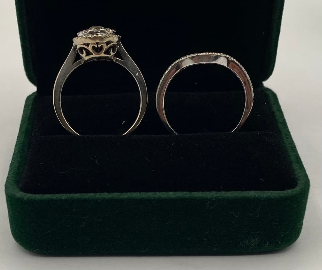 14k White Gold Diamond Halo Bridal Ring Set - 2