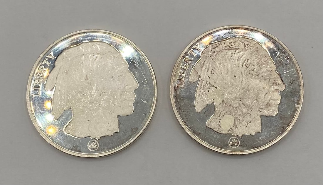 Lot of (2) RMC Buffalo / Indian Head 1 Troy Ounce .999 Fine Silver Rounds: A pair of 1 Troy Ounce .999 fine silver bullion rounds paying homage to James Earle Fraser’s classic United States Buffalo Nickel design. Obverse: Features the iconic Native American profile