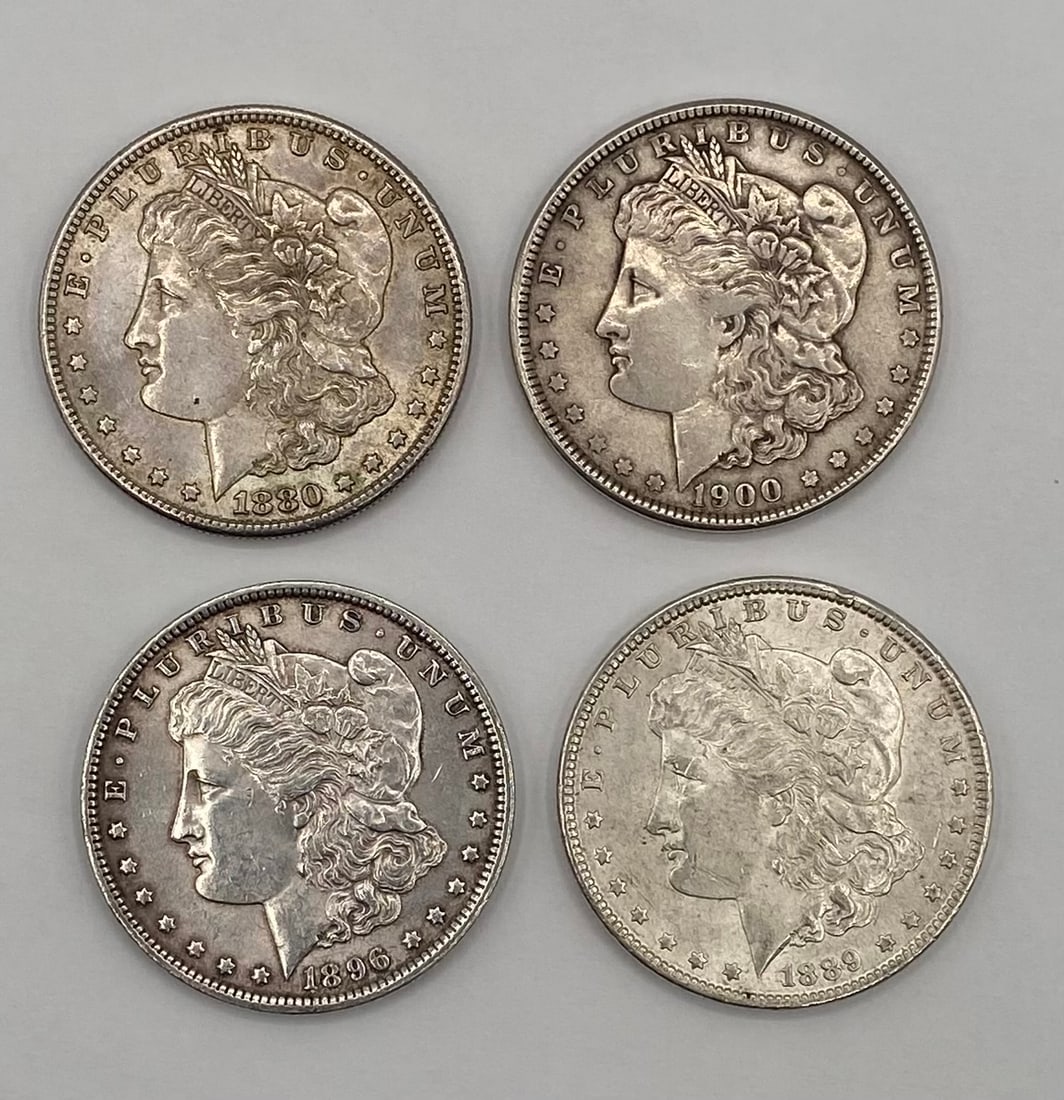 Lot of (4) Vintage Morgan Silver Dollars - 1880, 1889, 1896, 1900 (1 of 2)