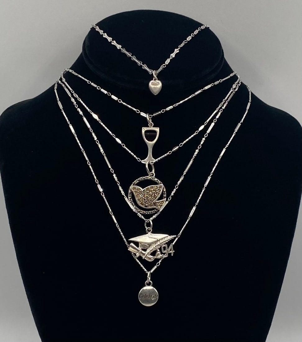Vintage Sterling Silver Pendant Necklace Lot (5 Pcs) - Graduation '94, Dove, Wine Glass - 2