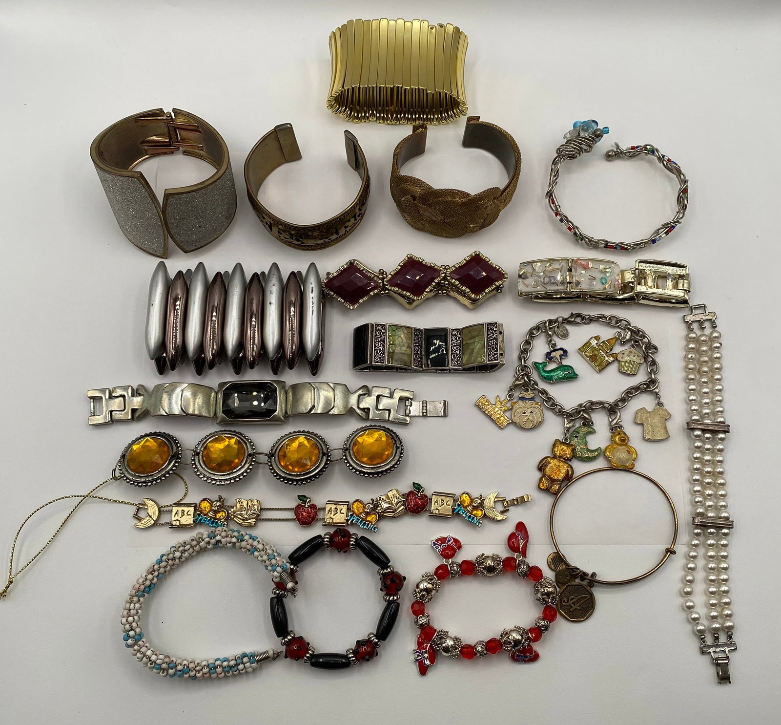 Vintage & Modern Costume Jewelry Bracelet Lot - 18 Pieces Incl. Charms, Cuffs, Pearls (1 of 1)